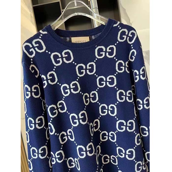 Gucci Women GG Wool Jacquard Sweater Blue Ivory Long Sleeves Crewneck