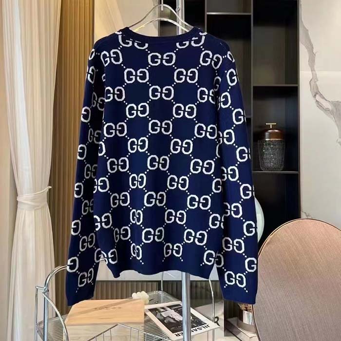 Gucci Women GG Wool Jacquard Sweater Blue Ivory Long Sleeves Crewneck