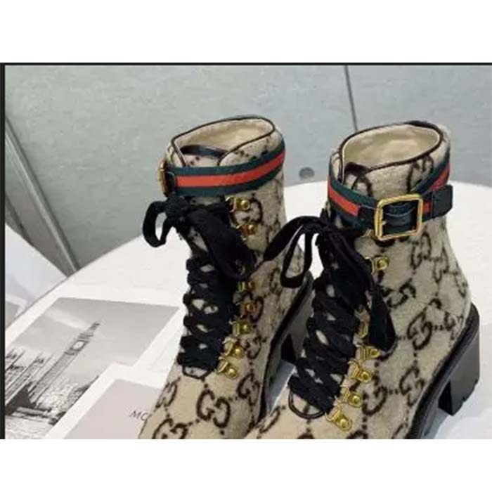 Gucci Women Gucci Zumi GG Wool Ankle Boot Beige Ebony GG Wool