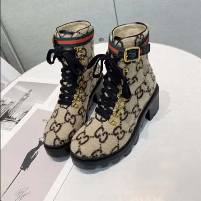 Gucci Women Gucci Zumi GG Wool Ankle Boot Beige Ebony GG Wool