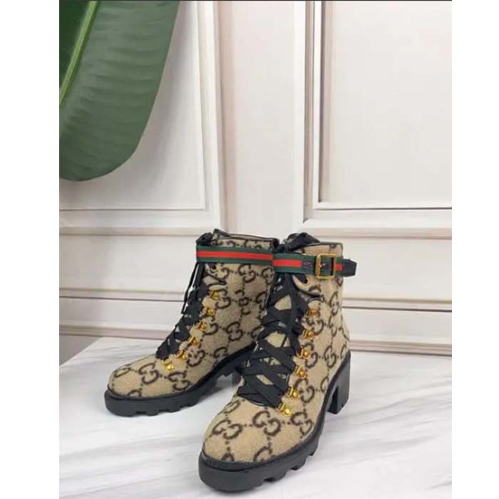 Gucci Women Gucci Zumi GG Wool Ankle Boot Beige Ebony GG Wool