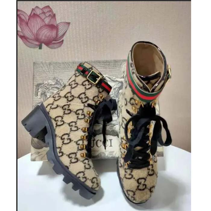Gucci Women Gucci Zumi GG Wool Ankle Boot Beige Ebony GG Wool