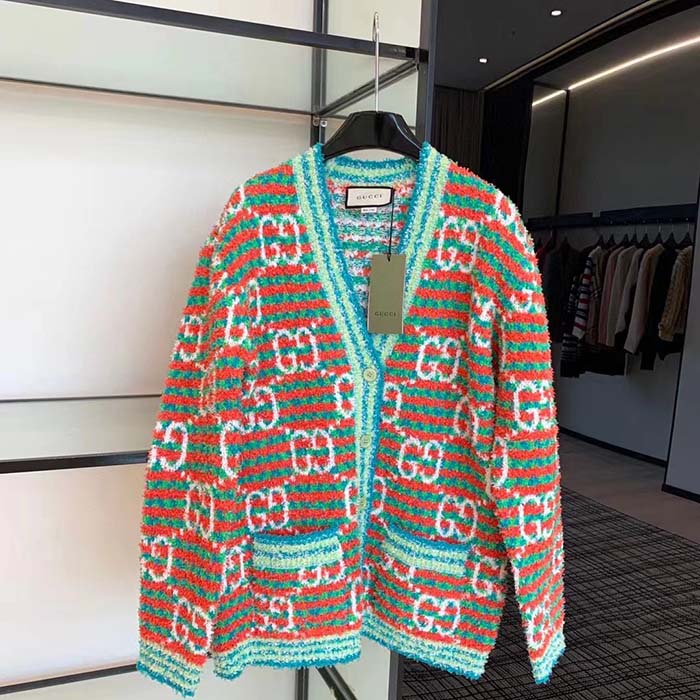 Gucci Men Maxi GG Cotton Cardigan Red Green Long Sleeves V-Neck