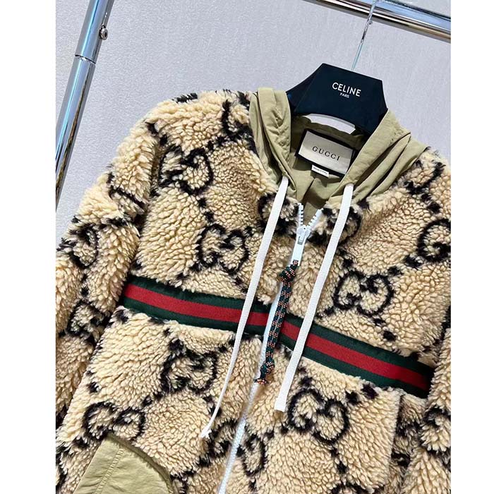 Gucci Women Maxi GG Wool Jersey Jacket Beige Black Polyamide Polyester
