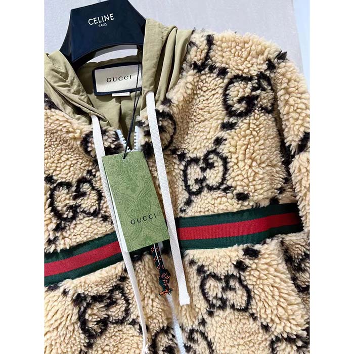 Gucci Women Maxi GG Wool Jersey Jacket Beige Black Polyamide Polyester