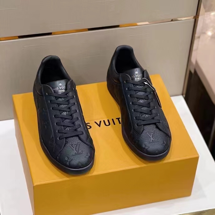 Louis Vuitton LV Unisex Luxembourg Sneaker Monogram Embossed Grained Calf Leather Black Rubber