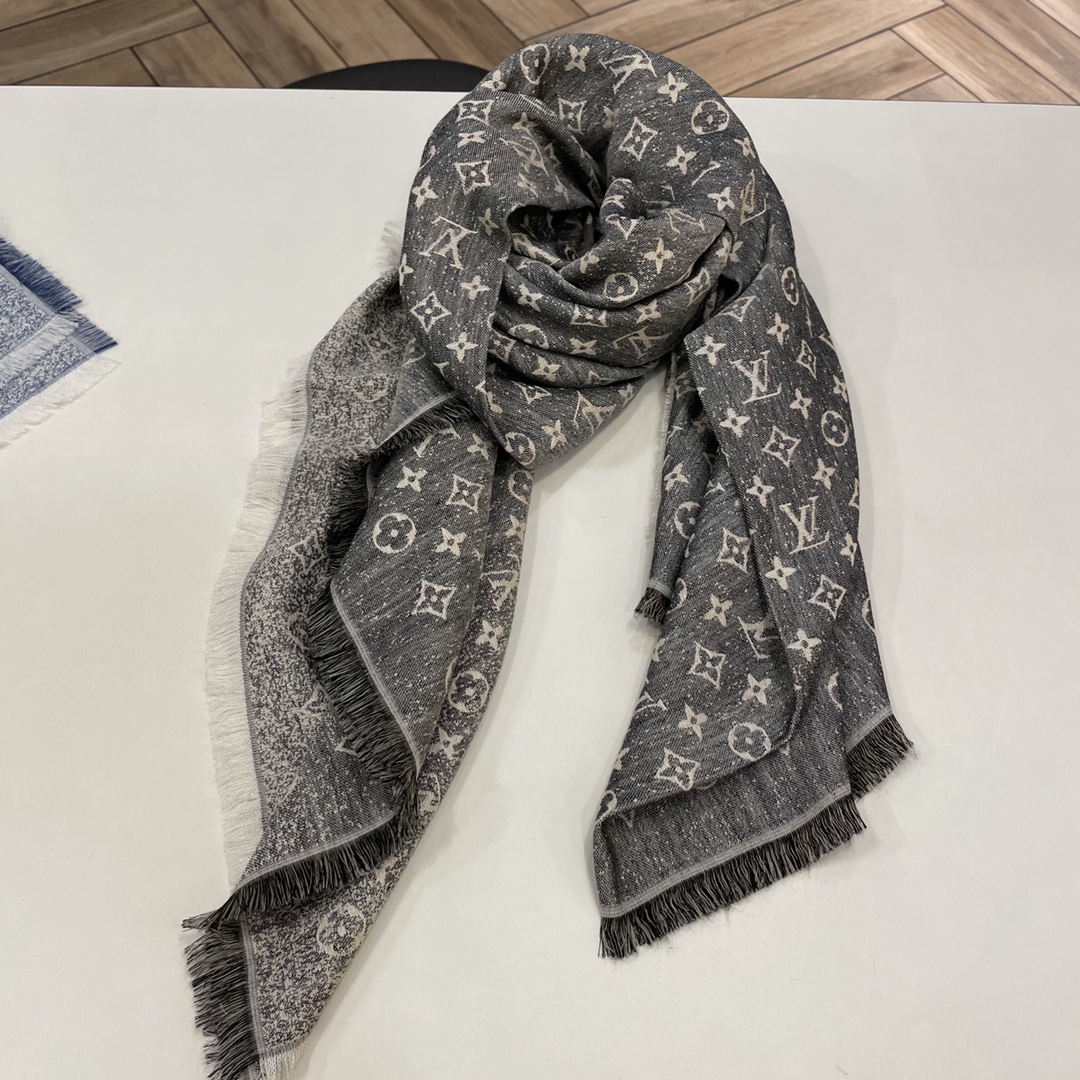 Louis Vuitton LV Unisex Monogram Jacquard Denim Shawl Gray Cotton Wool Silk