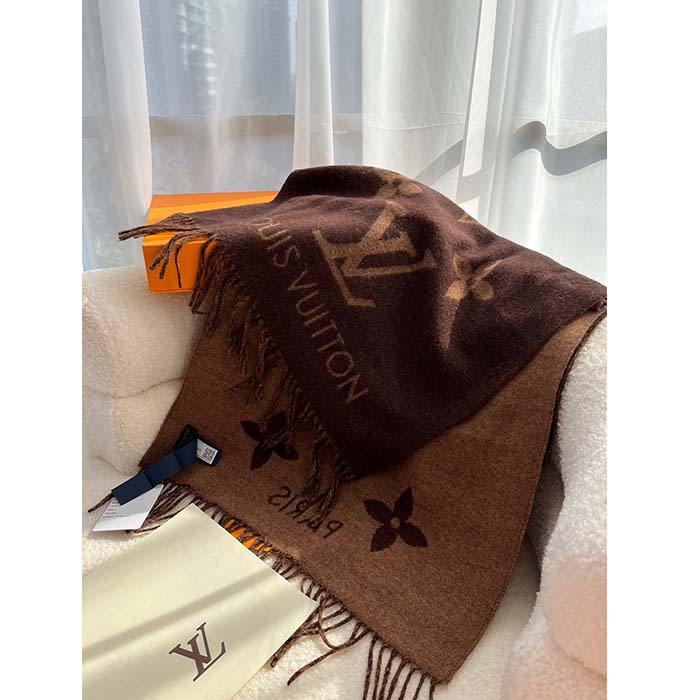 Louis Vuitton LV Unisex Reykjavik Scarf Dark Brown Cashmere Jacquard Weave Oversized Monogram