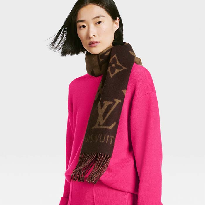 Louis Vuitton LV Unisex Reykjavik Scarf Dark Brown Cashmere Jacquard Weave Oversized Monogram