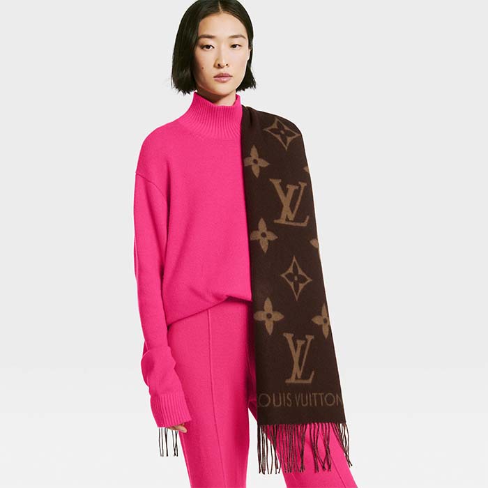 Louis Vuitton LV Unisex Reykjavik Scarf Dark Brown Cashmere Jacquard Weave Oversized Monogram