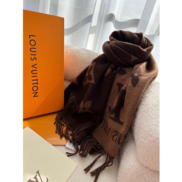 Louis Vuitton LV Unisex Reykjavik Scarf Dark Brown Cashmere Jacquard Weave Oversized Monogram