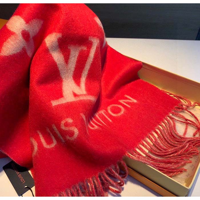 Louis Vuitton LV Unisex Reykjavik Scarf Red Cashmere Jacquard Weave Oversized Monogram Flowers
