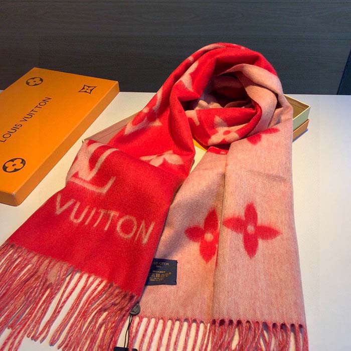 Louis Vuitton LV Unisex Reykjavik Scarf Red Cashmere Jacquard Weave Oversized Monogram Flowers