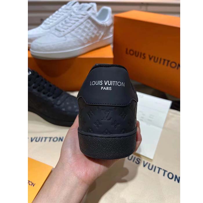 Louis Vuitton LV Unisex Rivoli Sneaker Black Mini Monogram Embossed Calf Leather Rubber