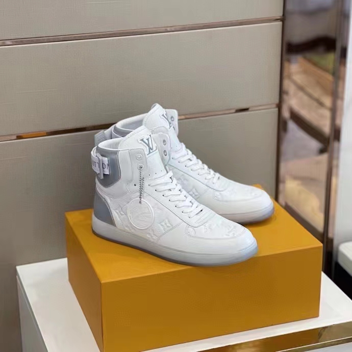 Louis Vuitton LV Unisex Rivoli Sneaker Boot Silver White Calf Leather Monogram Canvas