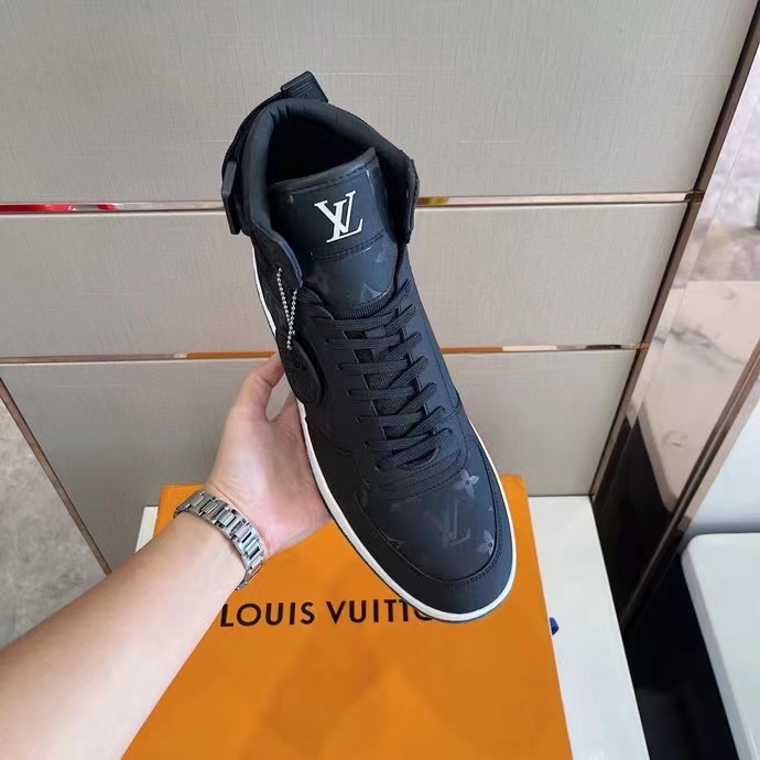 Louis Vuitton LV Unisex Rivoli Sneaker Boot Black Calf Leather Monogram Metallic Canvas