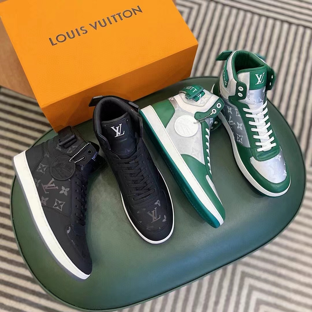 Louis Vuitton LV Unisex Rivoli Sneaker Boot Green Calf Leather Monogram Metallic Canvas
