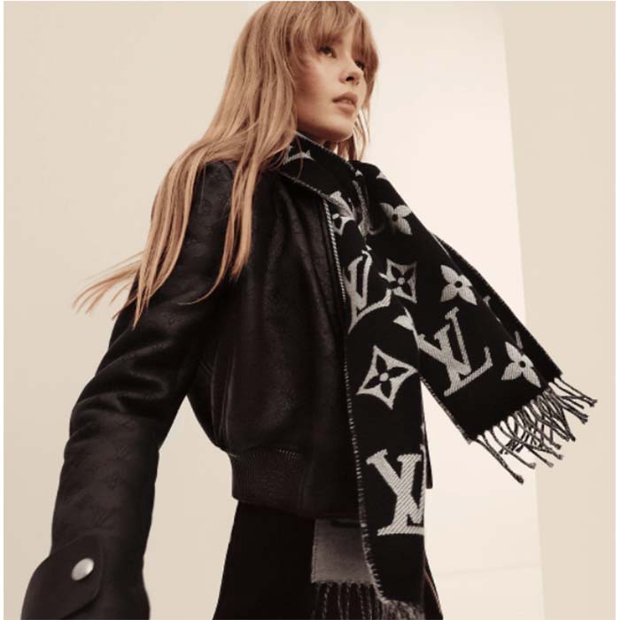 Louis Vuitton LV Unisex Simply LV Scarf Black Fringed Finish Contrasting Monogram Motif