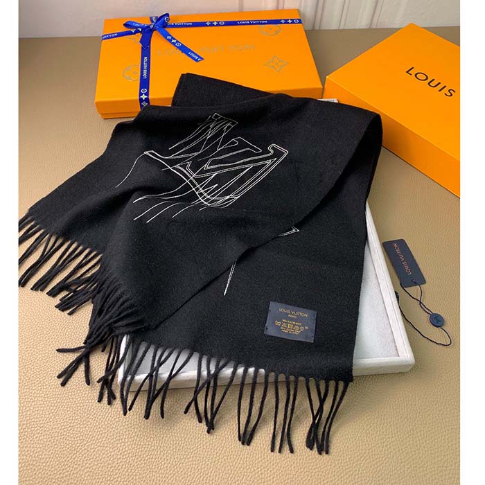 Louis Vuitton LV Unisex Stitch Scarf Black Monogram Flowers Wool Cashmere Jacquard
