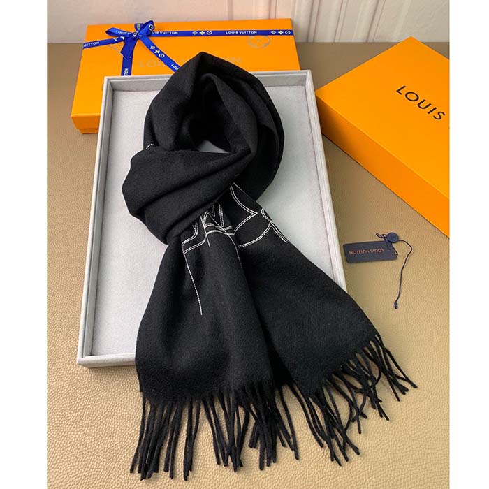 Louis Vuitton LV Unisex Stitch Scarf Black Monogram Flowers Wool Cashmere Jacquard