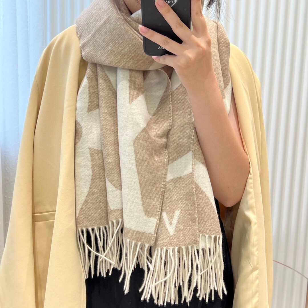 Louis Vuitton LV Unisex Ultimate Shine Scarf Beige Allover Monogram Pattern Fringe Finish