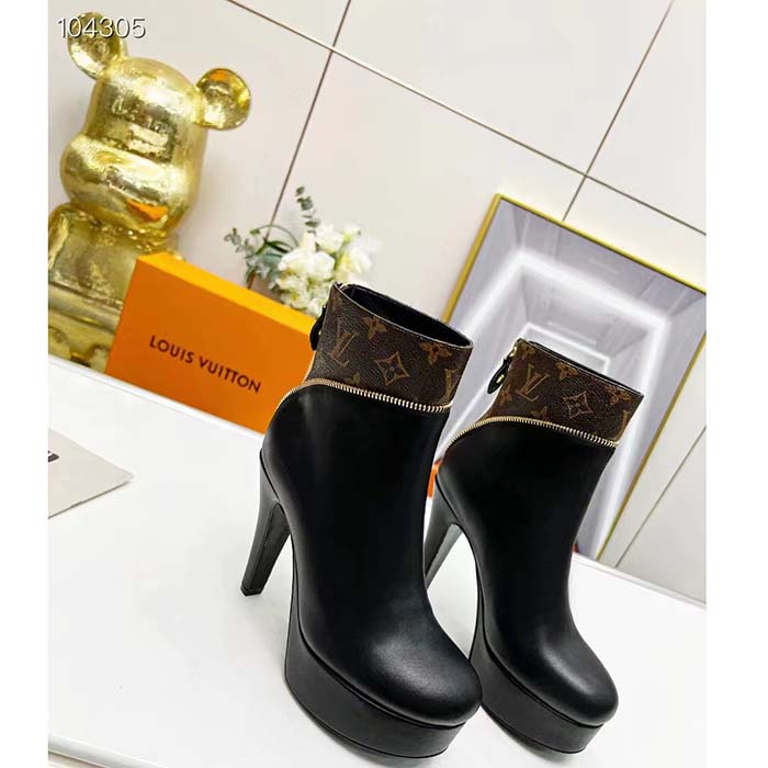 Louis Vuitton LV Women Afterglow Platform Ankle Boot Black Calf Patent Monogram Canvas