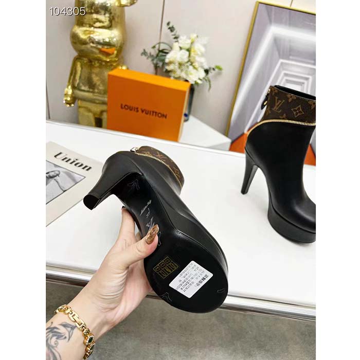 Louis Vuitton LV Women Afterglow Platform Ankle Boot Black Calf Patent Monogram Canvas