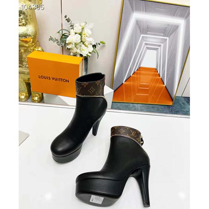 Louis Vuitton LV Women Afterglow Platform Ankle Boot Black Calf Patent Monogram Canvas