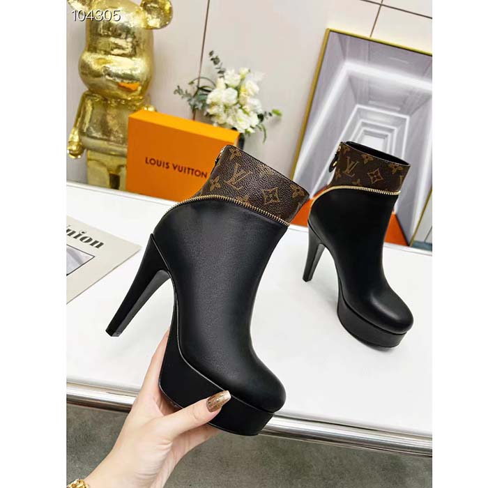 Louis Vuitton LV Women Afterglow Platform Ankle Boot Black Calf Patent Monogram Canvas