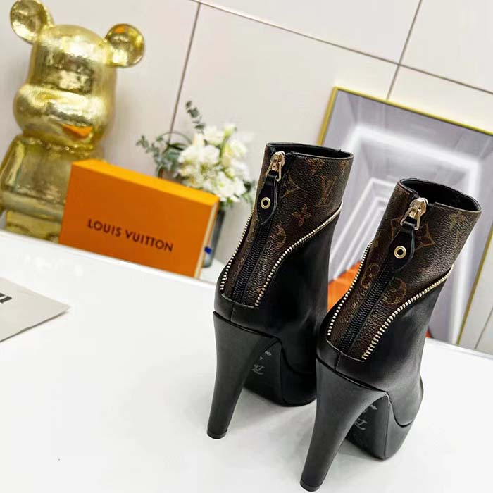 Louis Vuitton LV Women Afterglow Platform Ankle Boot Black Calf Patent Monogram Canvas