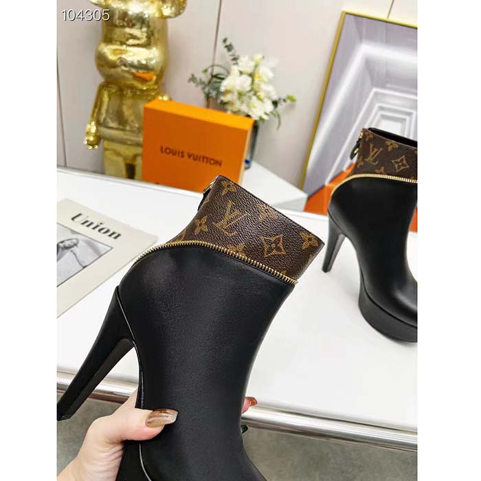 Louis Vuitton LV Women Afterglow Platform Ankle Boot Black Calf Patent Monogram Canvas