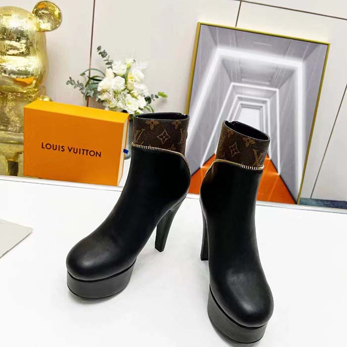 Louis Vuitton LV Women Afterglow Platform Ankle Boot Black Calf Patent Monogram Canvas