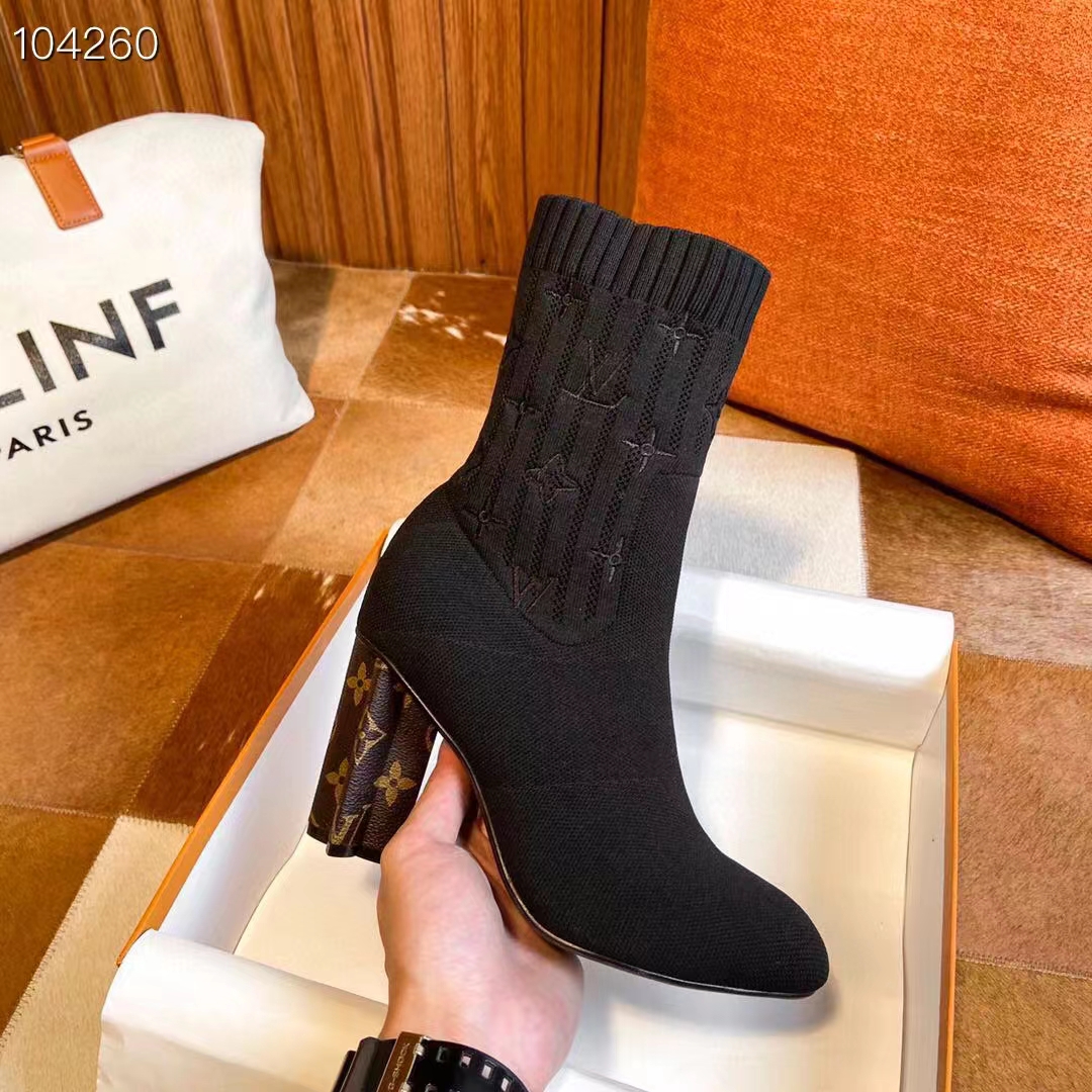 Louis Vuitton LV Women Silhouette Ankle Boot Black Stretch Textile Patent Monogram Canvas
