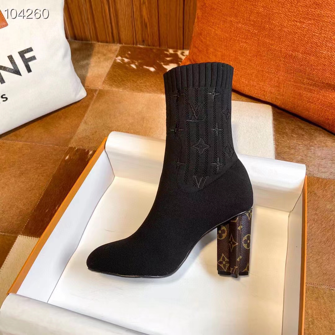 Louis Vuitton LV Women Silhouette Ankle Boot Black Stretch Textile Patent Monogram Canvas