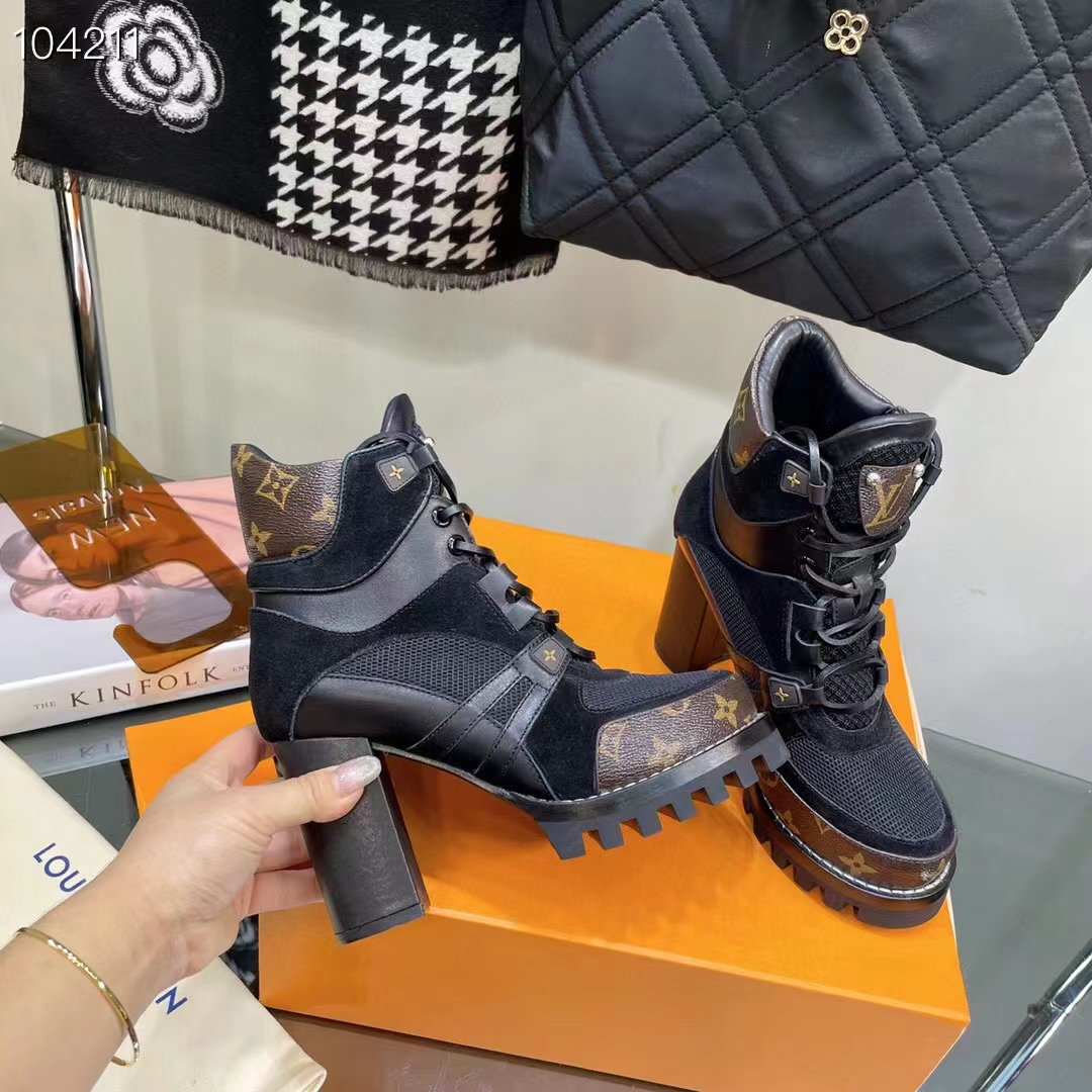 Louis Vuitton LV Women Star Trail Ankle Boot Black Mix Materials Treaded Rubber 9.5 Cm Heel