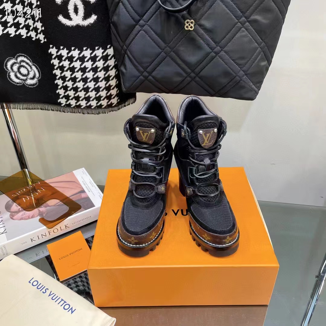 Louis Vuitton LV Women Star Trail Ankle Boot Black Mix Materials Treaded Rubber 9.5 Cm Heel
