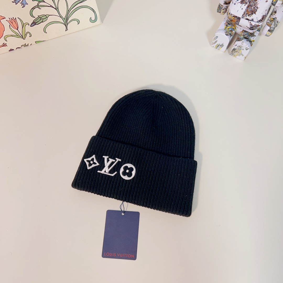 Louis Vuitton Unisex LV Headline Beanie Black Wool Monogram Flowers