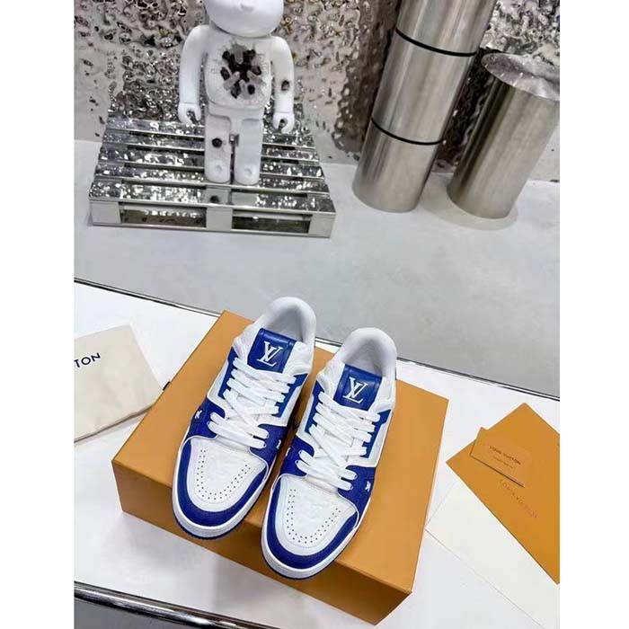 Louis Vuitton Unisex LV Trainer Sneaker Blue Mini Monogram Embossed Calf Leather