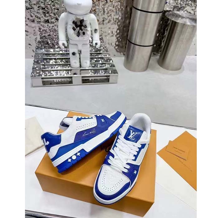 Louis Vuitton Unisex LV Trainer Sneaker Blue Mini Monogram Embossed Calf Leather