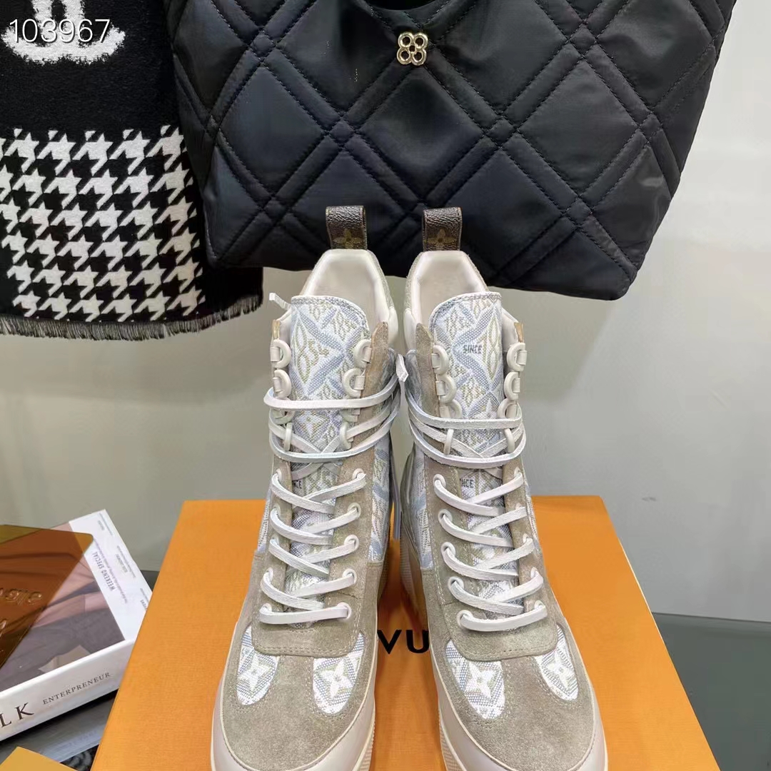 Louis Vuitton Women LV Platform Desert Boot Beige Jacquard Textile Suede Calf Leather