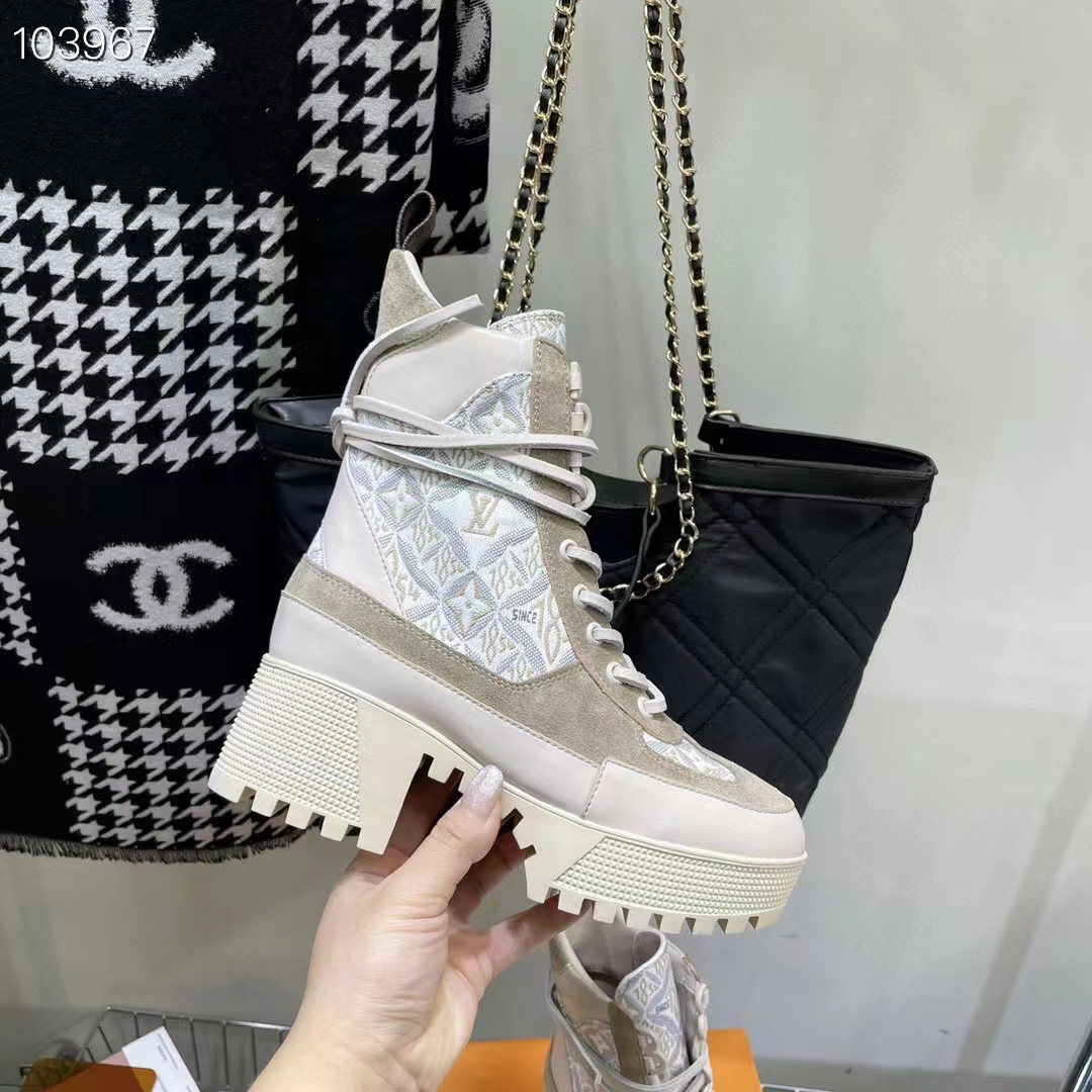 Louis Vuitton Women LV Platform Desert Boot Beige Jacquard Textile Suede Calf Leather