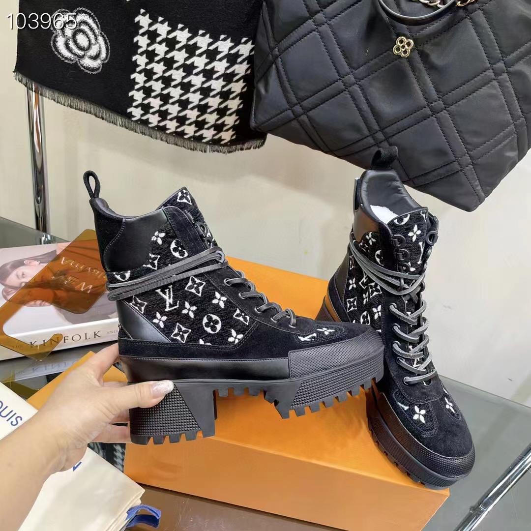 Louis Vuitton Women LV Platform Desert Boot Gray Monogram Denim Calf Leather