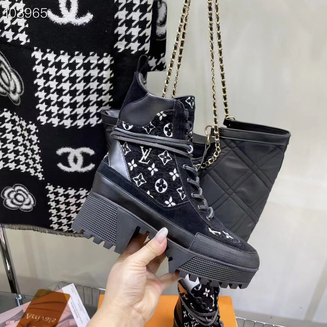 Louis Vuitton Women LV Platform Desert Boot Gray Monogram Denim Calf Leather