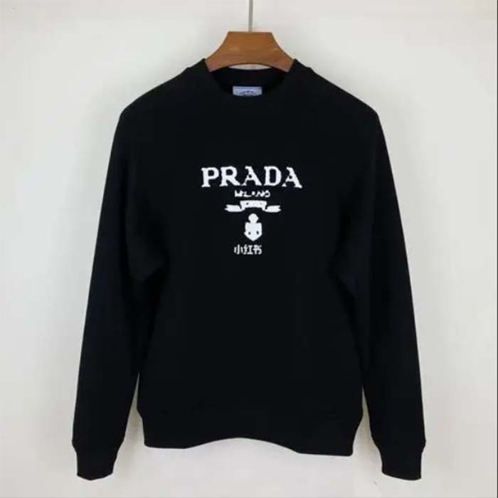 Prada Women Cashmere Wool Prada Logo Crew-Neck Sweater Black Menswear Fit