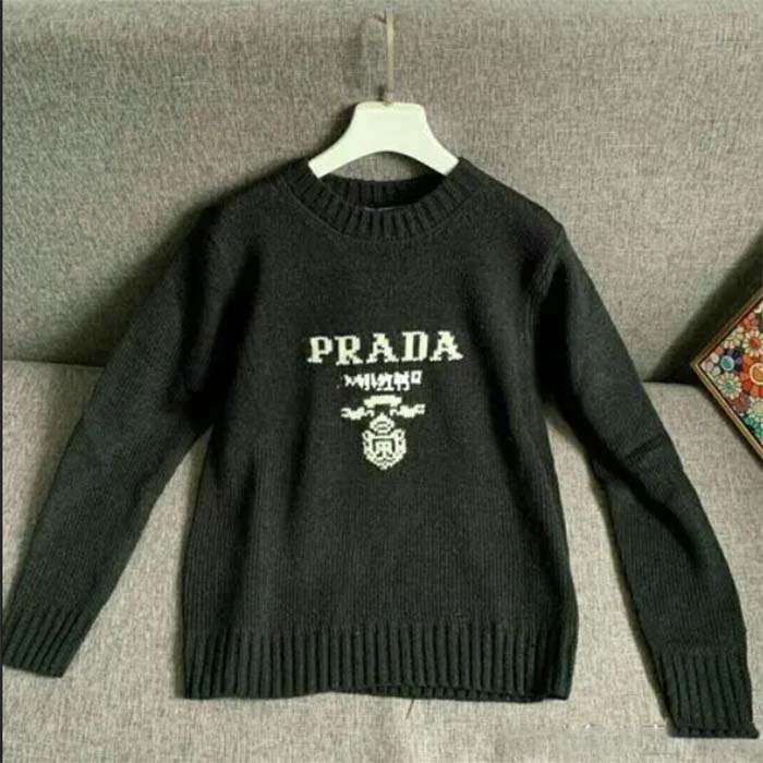 Prada Women Cashmere Wool Prada Logo Crew-Neck Sweater Black Menswear Fit