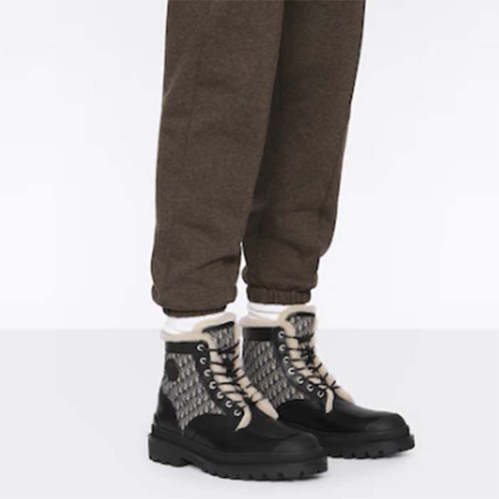 Dior Unisex Dior Explorer Ankle Boot Black Smooth Calfskin Beige Black Oblique Jacquard