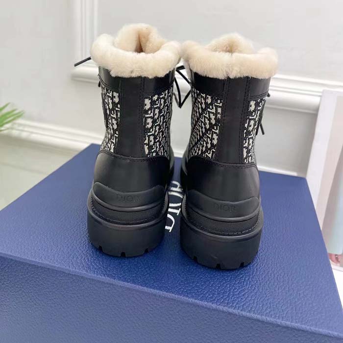Dior Unisex Dior Explorer Ankle Boot Black Smooth Calfskin Beige Black Oblique Jacquard