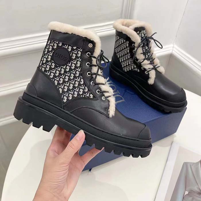 Dior Unisex Dior Explorer Ankle Boot Black Smooth Calfskin Beige Black Oblique Jacquard
