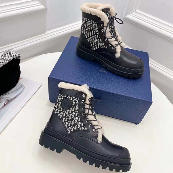 Dior Unisex Dior Explorer Ankle Boot Black Smooth Calfskin Beige Black Oblique Jacquard