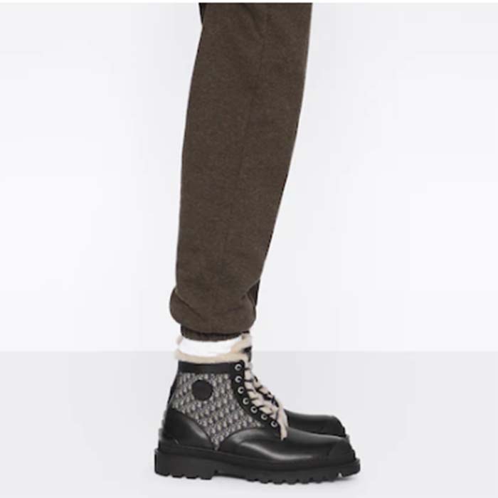 Dior Unisex Dior Explorer Ankle Boot Black Smooth Calfskin Beige Black Oblique Jacquard